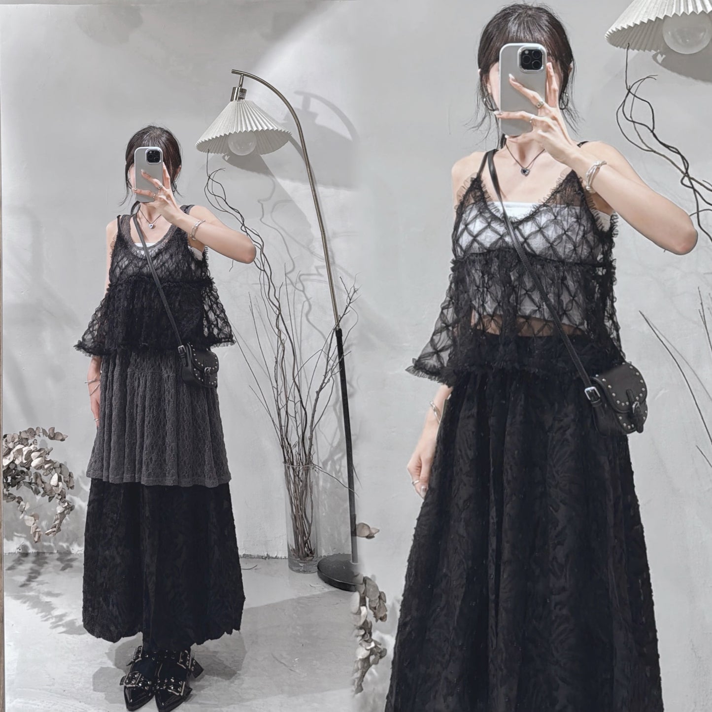 [ .𖥔 布料超美！] diamond mesh cami / black