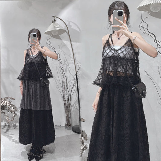 [ .𖥔 布料超美！] diamond mesh cami / black