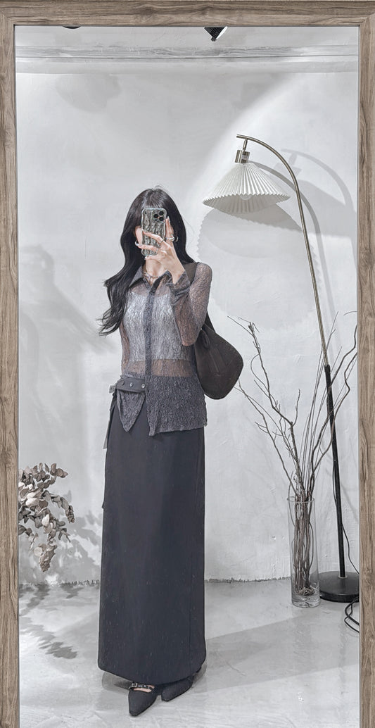 [ 現貨/預訂 ˚⟡˖ ࣪] [店主自留! ݁ ˖Ი𐑼⋆] lace polo top / charcoal
