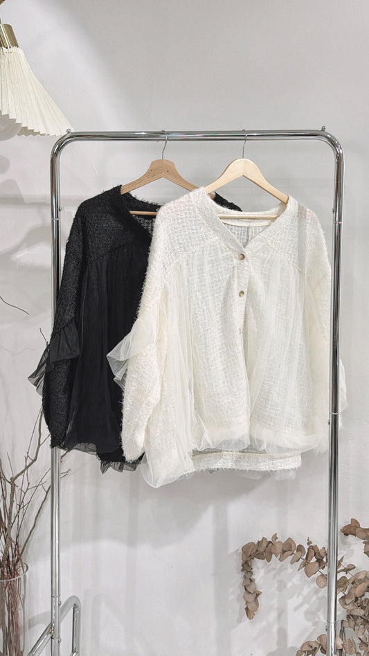 [ 現貨/預訂 ˚.🎀༘⋆] [ 羽毛 x 薄紗拼接！] Feather sheer outer / 2 colors