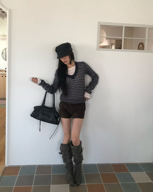 ［ 早鳥 early bird 價 🐈‍⬛✨ ] striped knit button sleeve top / 3 colors