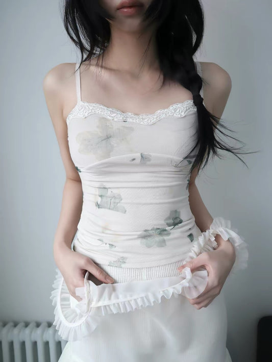 [ 預訂🪽⋆ ] [ 超精緻的水墨印花! ] vintage bloom lace cami • 3 colors