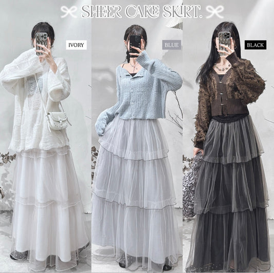 [ 現貨/預訂 ˚.🎀༘⋆] [ 輕身！日系感⋆˙⟡]  sheer cake skirt / 3 colors