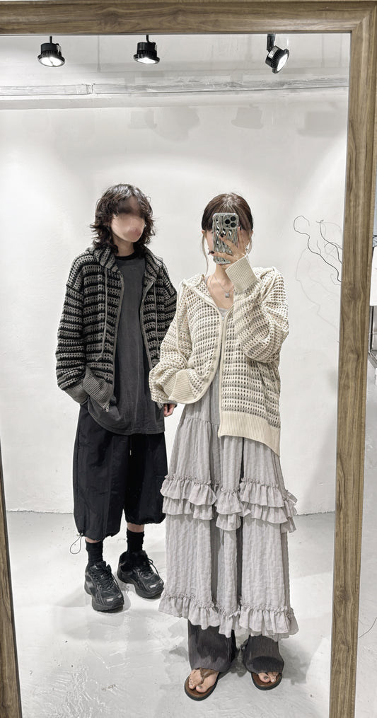[DDD boys] Stripe Mesh Hoodie Zip-up / ivory