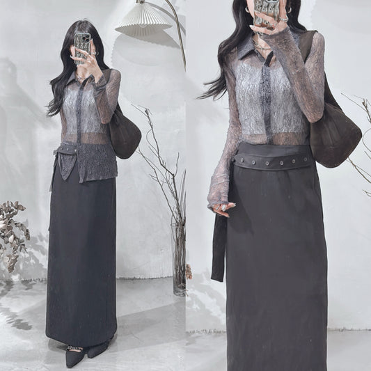 [ 現貨/預訂 ˚⟡˖ ࣪] [店主自留! ݁ ˖Ი𐑼⋆] lace polo top / charcoal