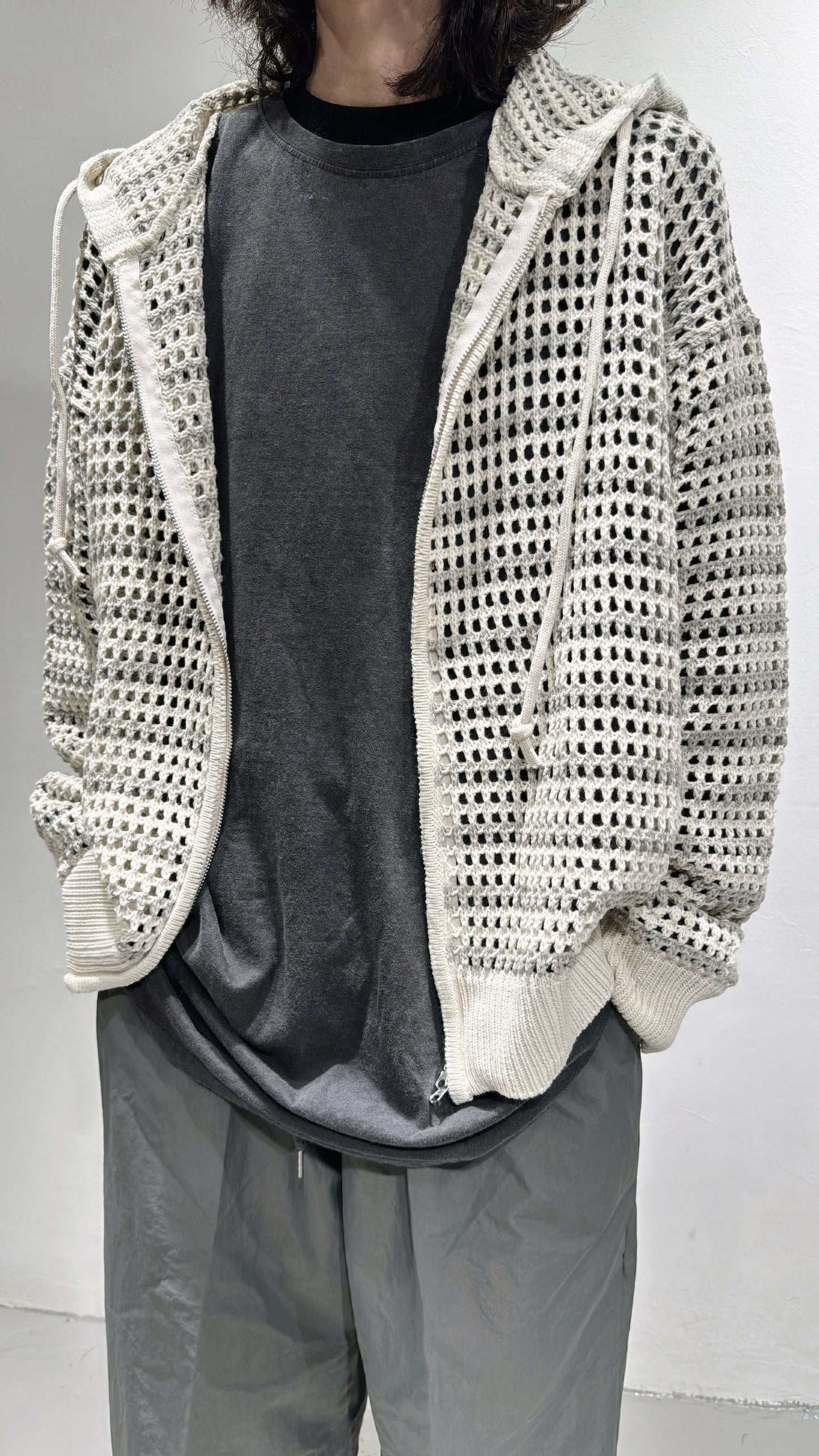[DDD boys] Stripe Mesh Hoodie Zip-up / ivory