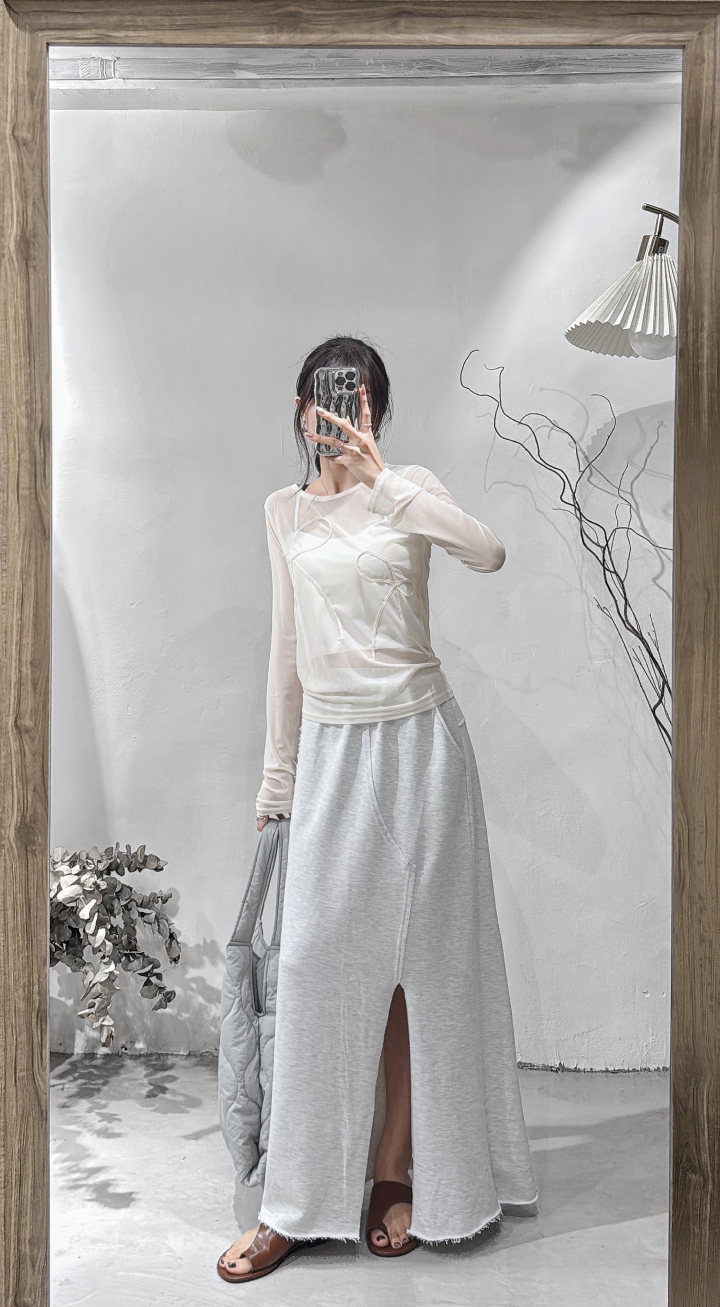 [現貨] Ribbon print see through top / ivory
