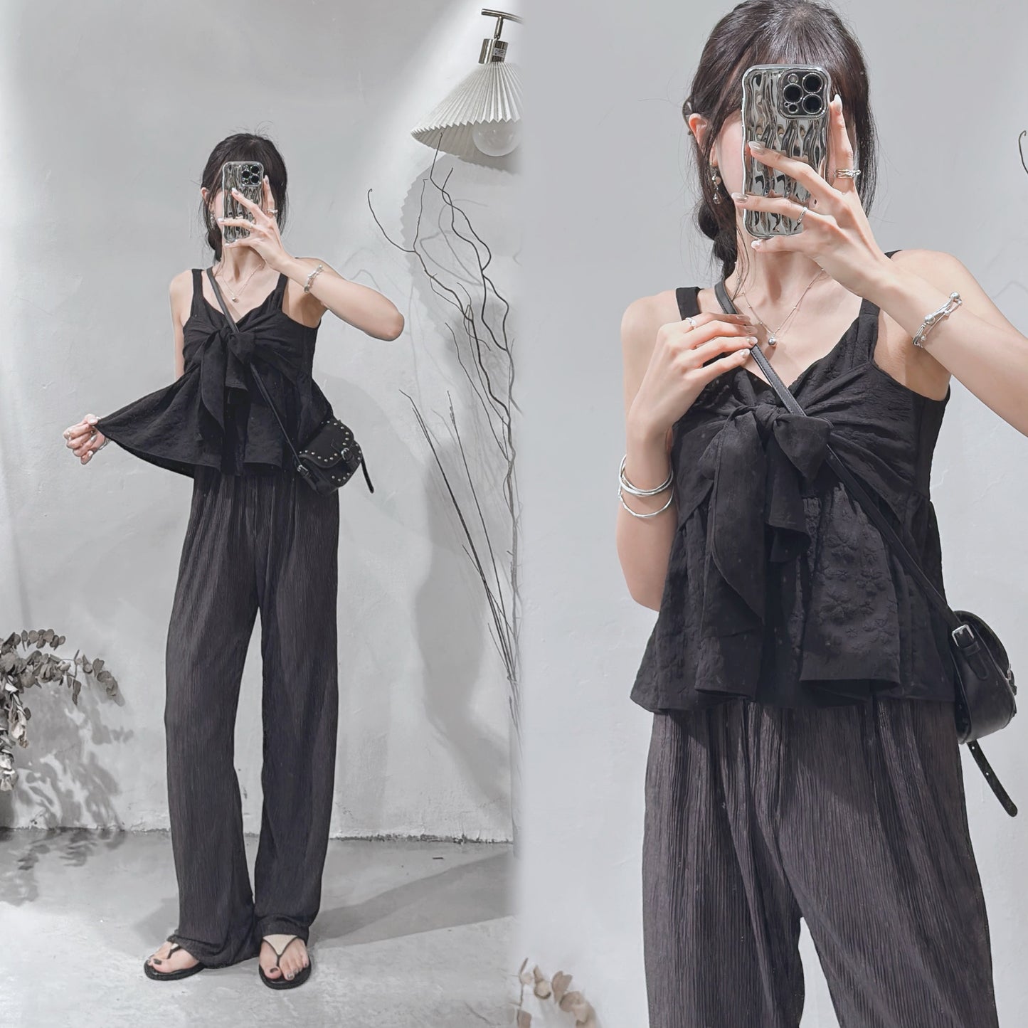 [ 🇰🇷 店主自留 𐙚⋆°⋆♡] floral tied ribbon top / black
