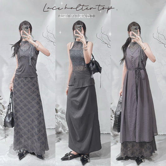 [ 現貨 🪽⋆ ՙִՙ ] [ new color! ] lace halter top • charcoal