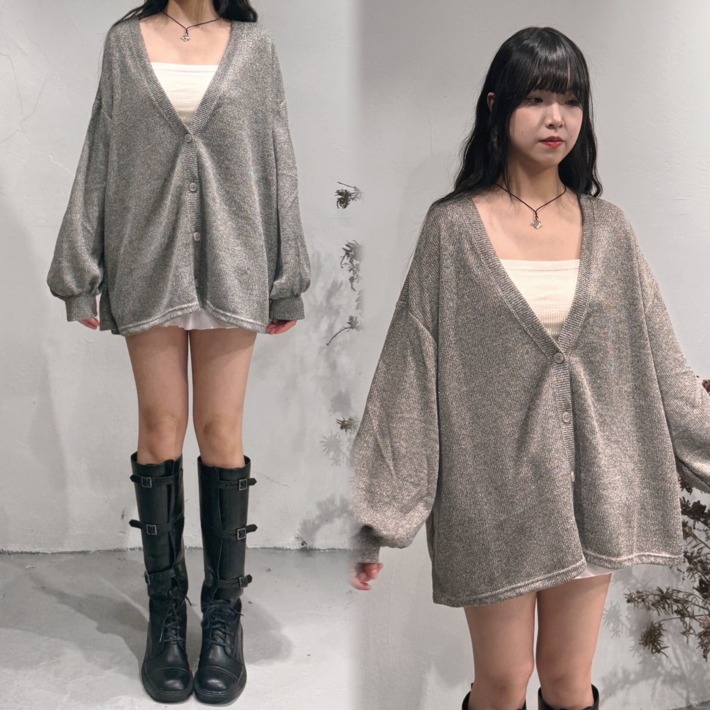 [ little bling bling ✨] v-neck glossy outer/ light grey