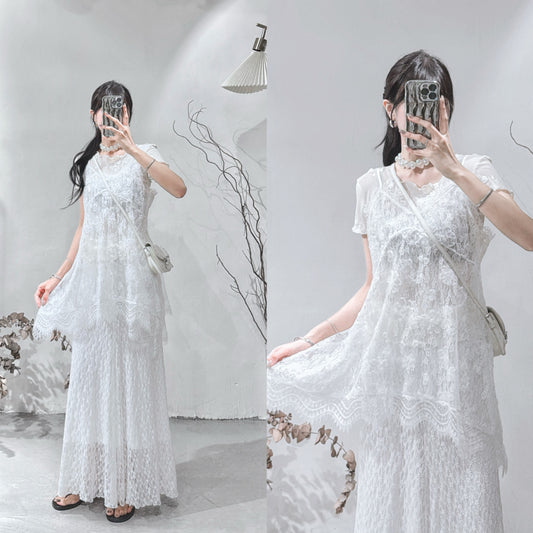 [ 限量現貨 ₊˚⊹♡ ] lace v-neck ops / white