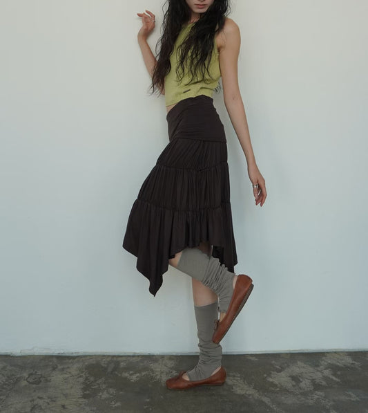 ［ 預訂 🐈‍⬛✨ ] Tiered Drape Midi Skirt / brown