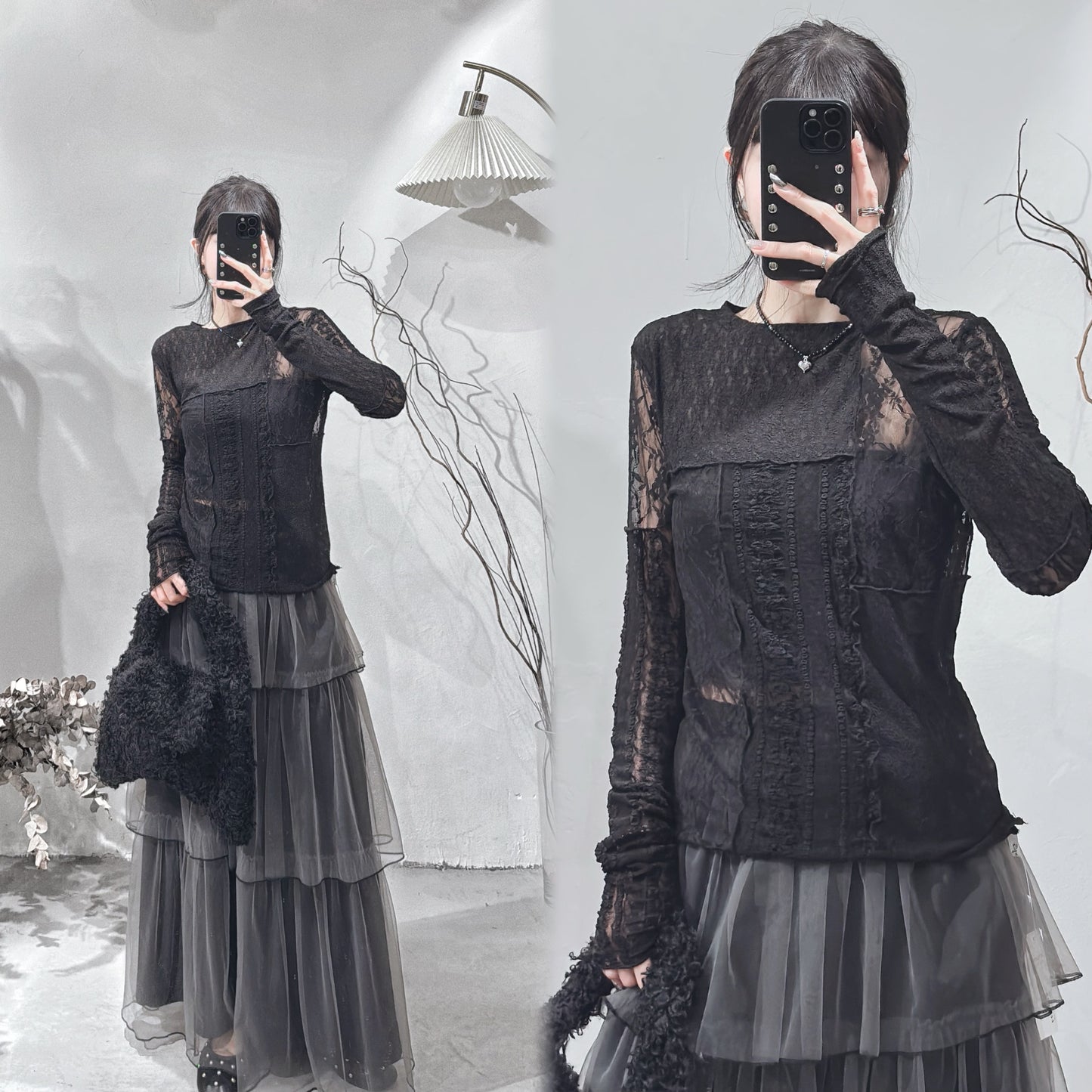 [ 預訂/現貨 📷 ༘ ⋆｡ ˚ ] patchwork lace top / black