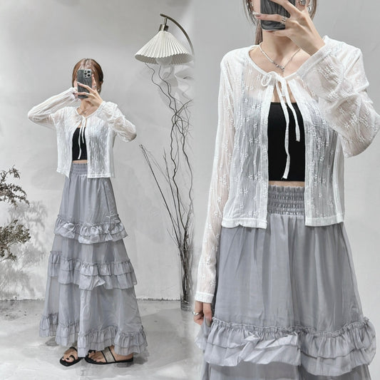 [ 花花暗紋！早秋款！] Floral lace outer / white