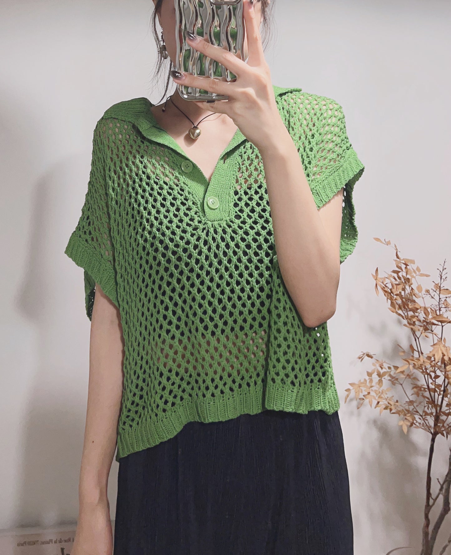 Mesh Knitted Polo Top