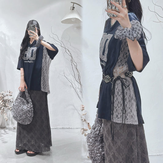 [ 預訂 🪽⋆ ] Lace Spliced Jersey Tee / navy