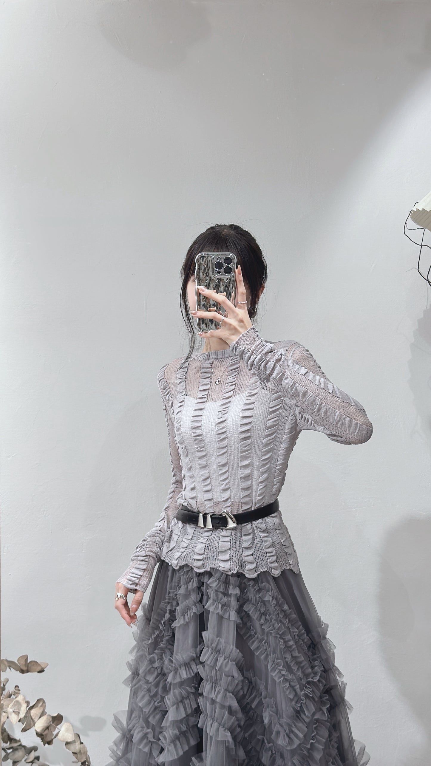 [現貨/預訂] Shirring see through top / grey