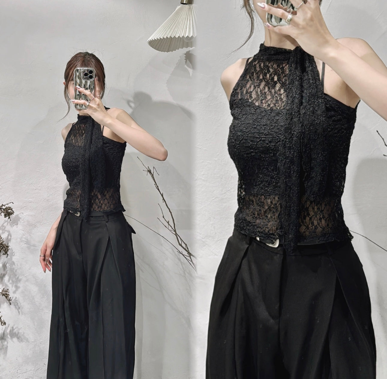 [ 店主大推！] lace halter top/ black
