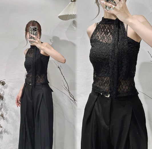 [ 店主大推！] lace halter top/ black