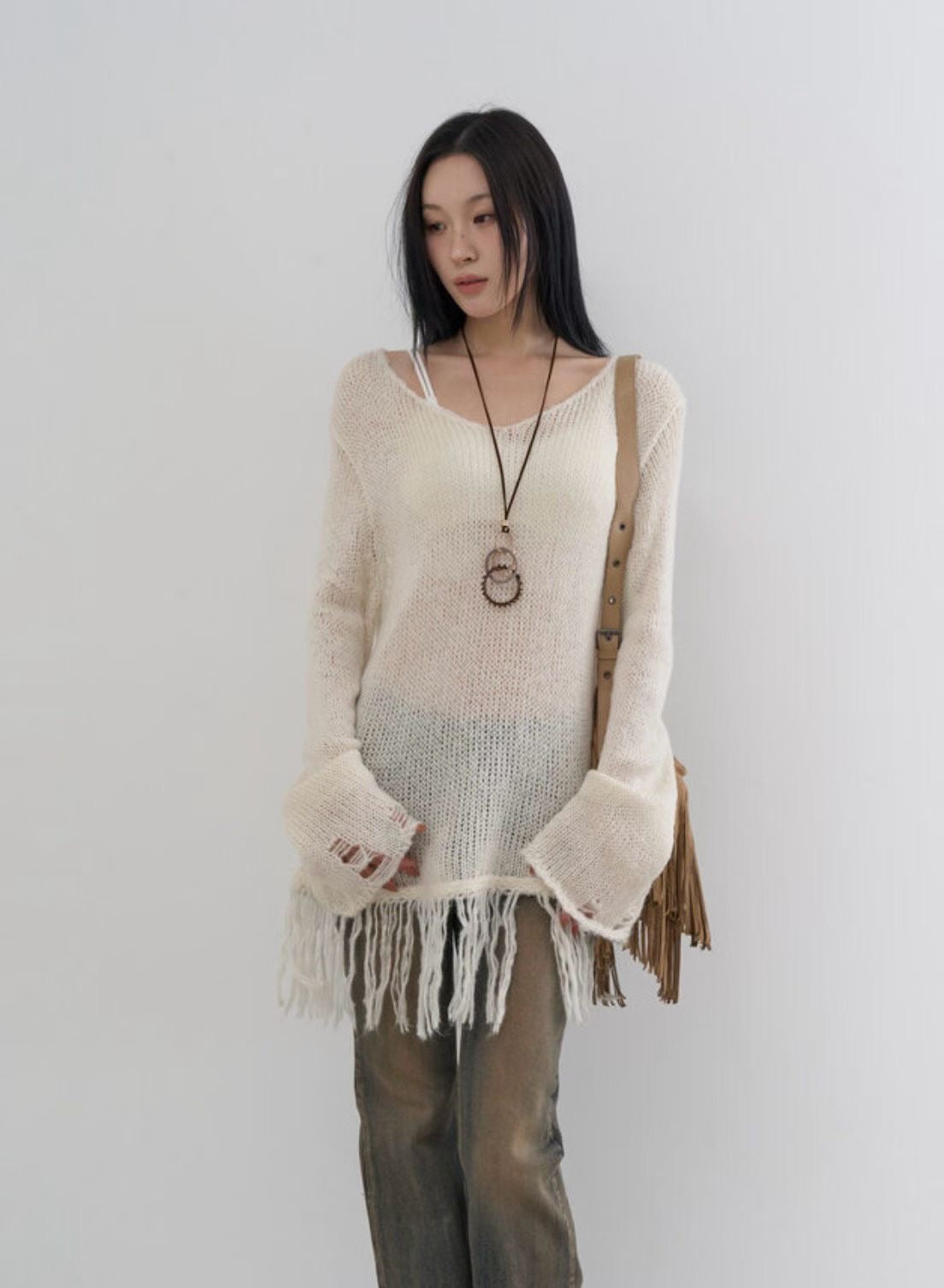 [ 預訂  📷 ༘ ⋆｡ ˚ ]fringed knit / ivory