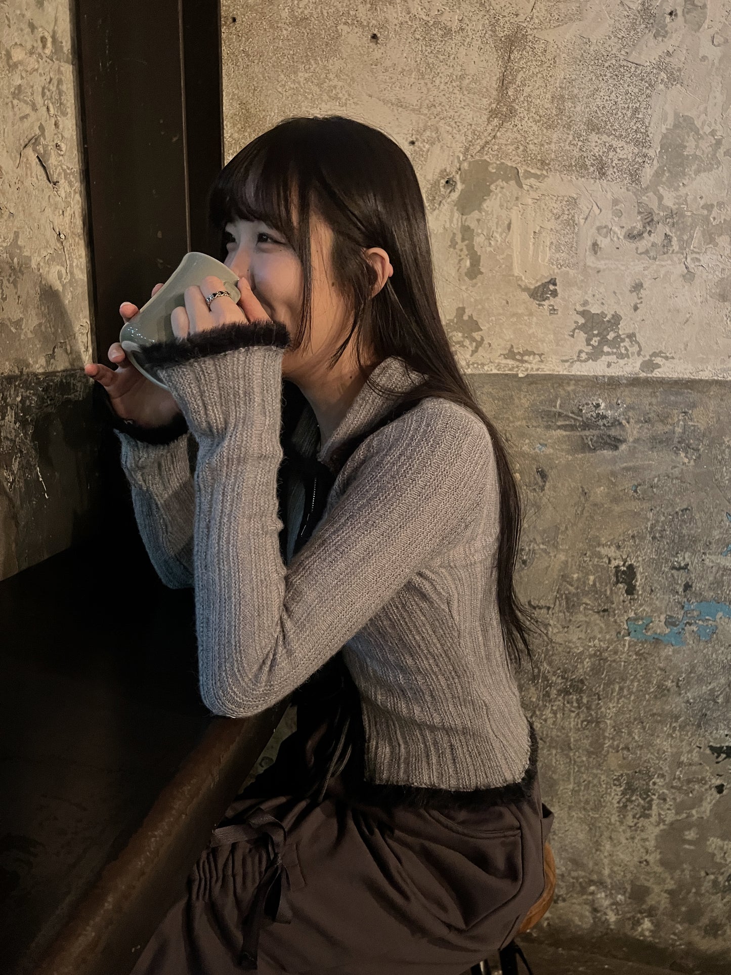 【My Picks ! 】Two Tone Zipper Knit Top / Blue