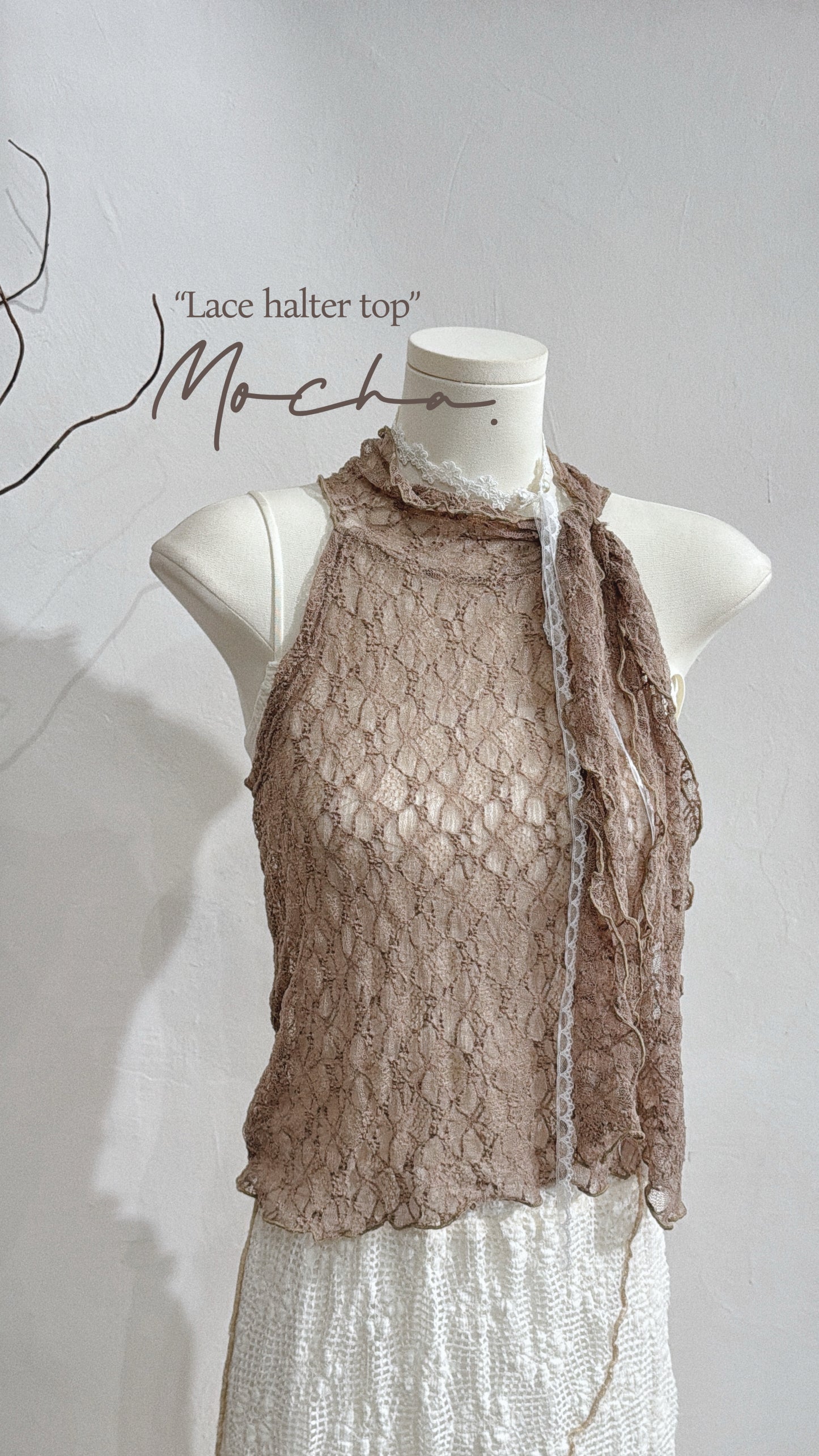 [ 預訂   ₊˚⊹♡ ] lace halter top • mocha