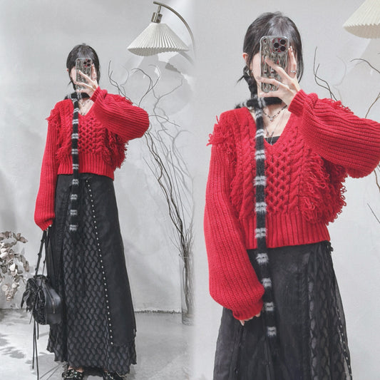 [ 限量現貨 ⋆𐙚 ̊ ] [ 新年must hv!🧧] fringed v-neck knit / red