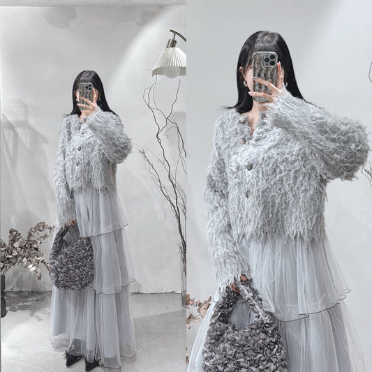 [ 混色肌理感！絕美！] Mixed-color wool-blend cardigan/ grey