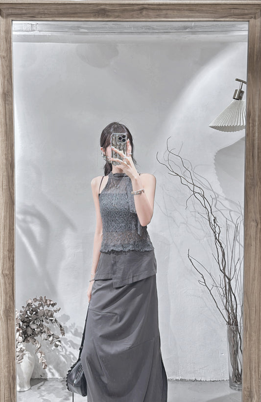 [ 現貨 🪽⋆ ՙִՙ ] [ new color! ] lace halter top • charcoal