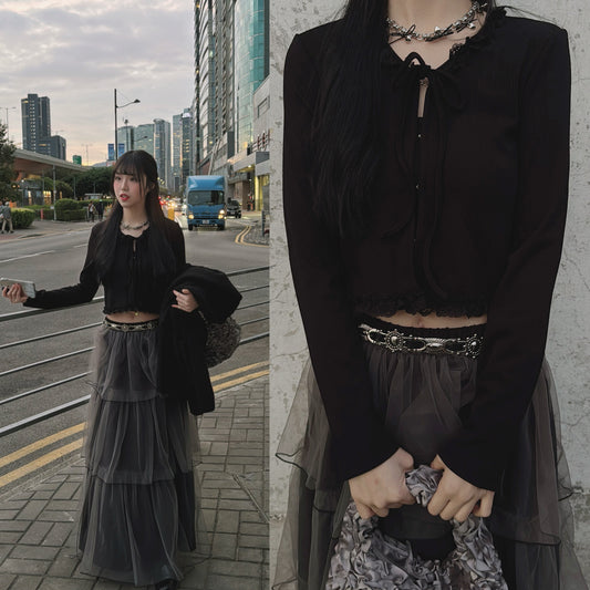 [ 預訂 ⋆𐙚 ̊. ] [ 店主自留款！] Lace tied cropped top / black