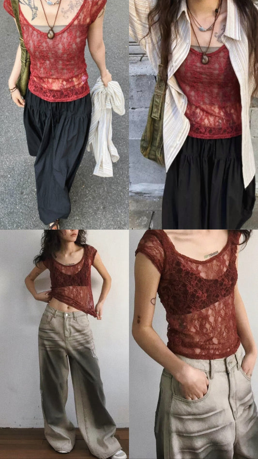 [  極推薦！！ 📷 ༘ ⋆｡ ˚ ]lace u-neck tee / 3 colors