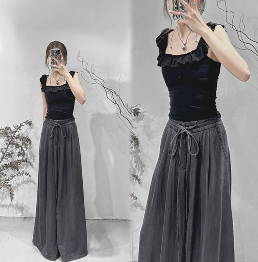 [ 超親膚！極顯瘦！] ruffle square neck top / black ( with pads)