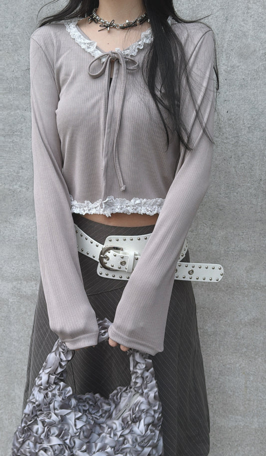 [ 預訂 ⋆𐙚 ̊. ] [ 店主自留款！] Lace tied cropped top / grey-purple