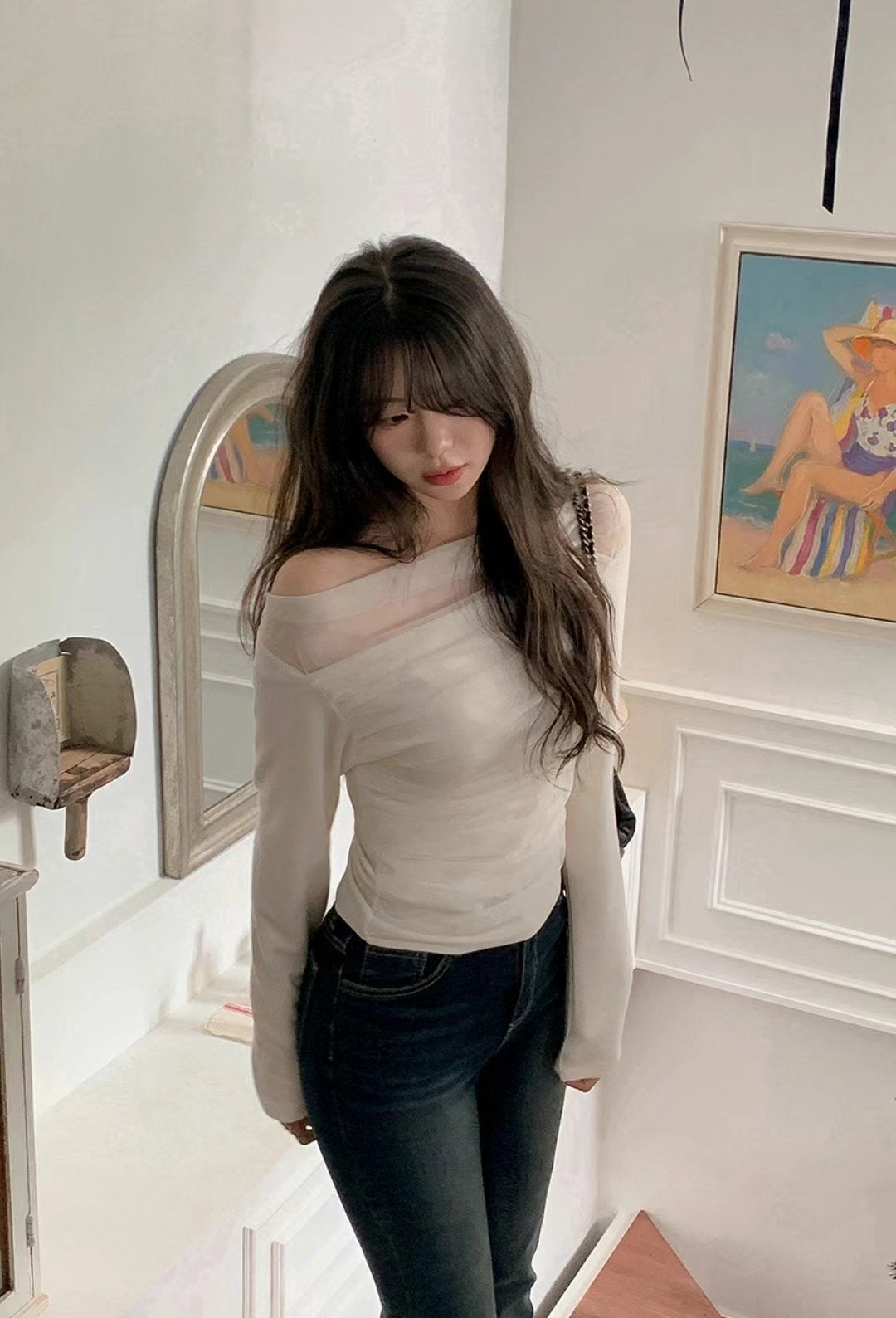 [ dating look get! 🥂] mesh off shoulder top / ivory