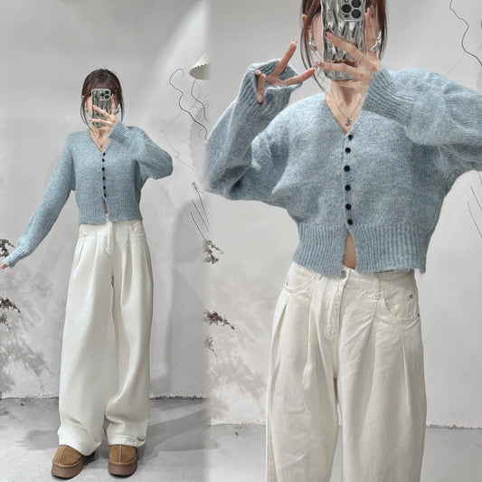 [ 店主&models' pick!] V-neck shaggy knit/ blue
