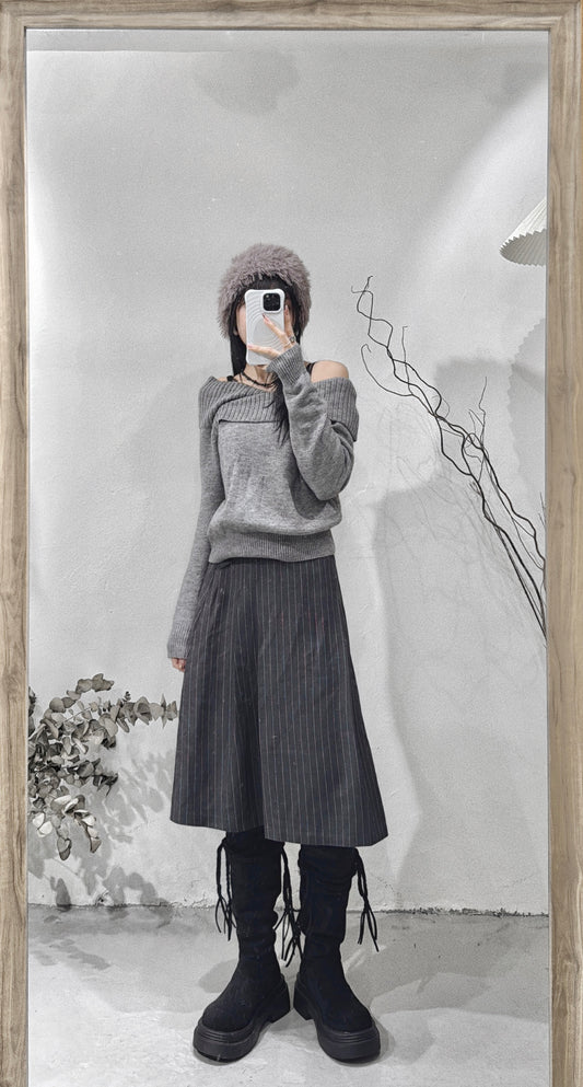[ basic daily 款! 🪄] wrapped off shoulder top/ grey