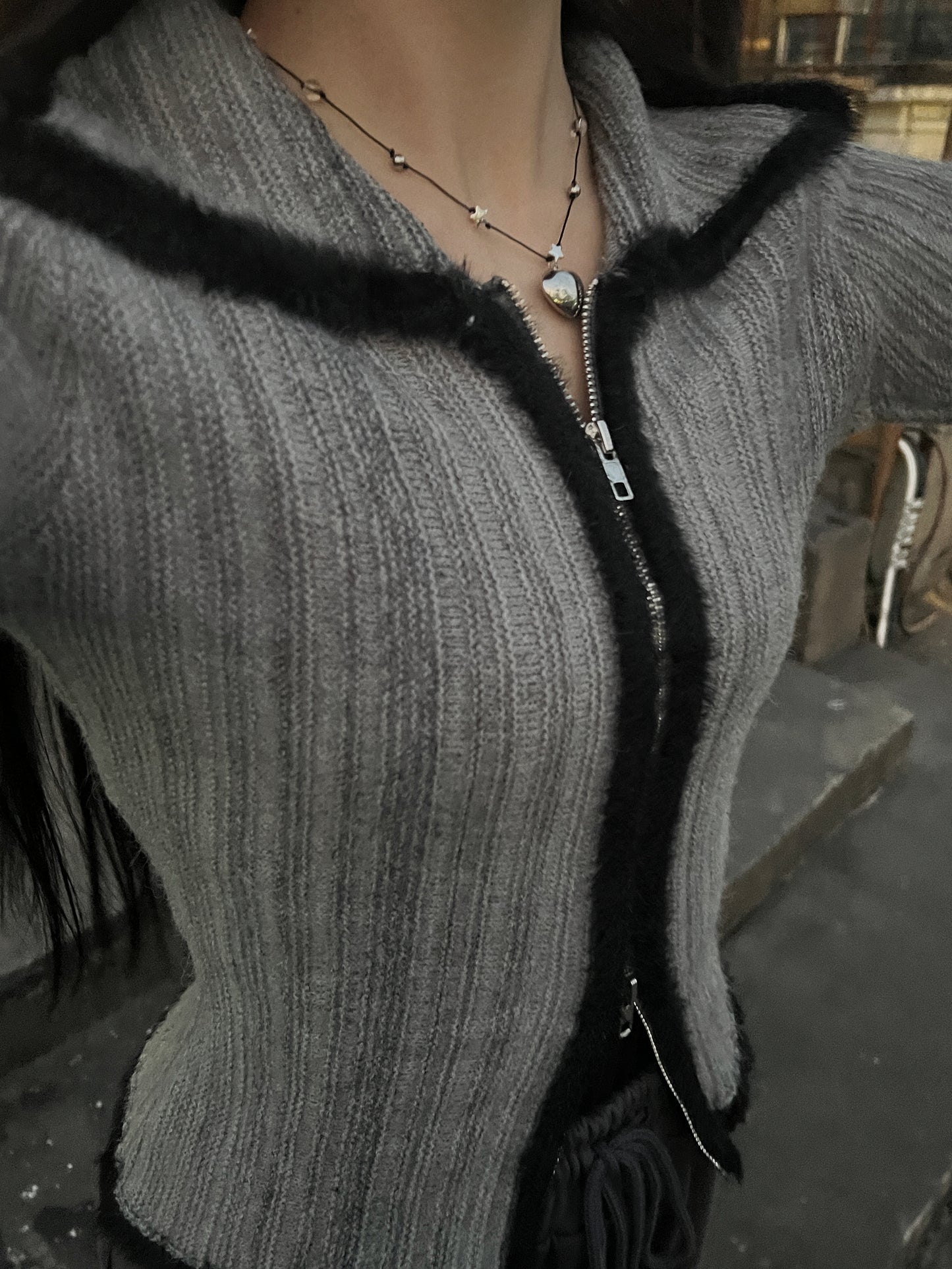 【My Picks ! 】Two Tone Zipper Knit Top / Blue