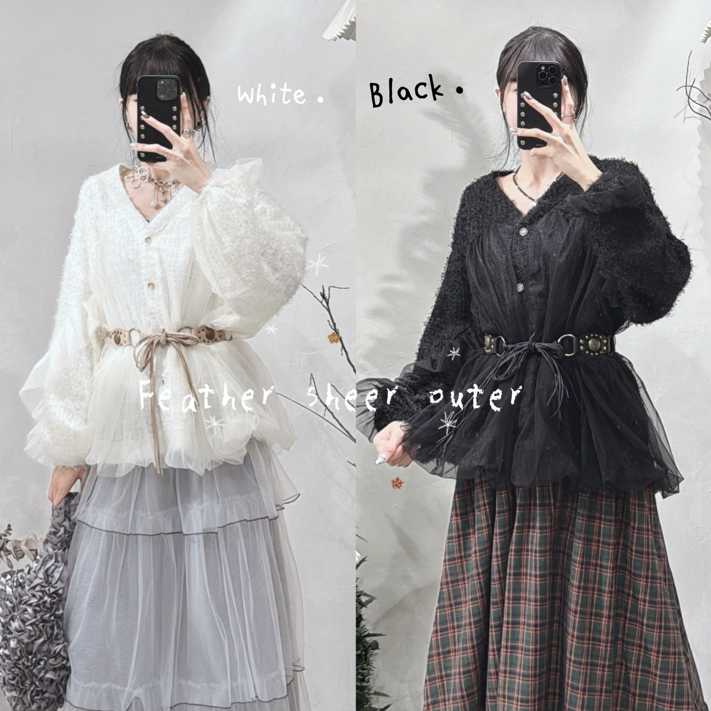[ 現貨/預訂 ˚.🎀༘⋆] [ 羽毛 x 薄紗拼接！] Feather sheer outer / 2 colors