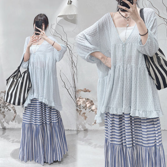 [ ˚.🎀༘⋆ 超高質！ ] checkered ballon sleeve blouse / blue