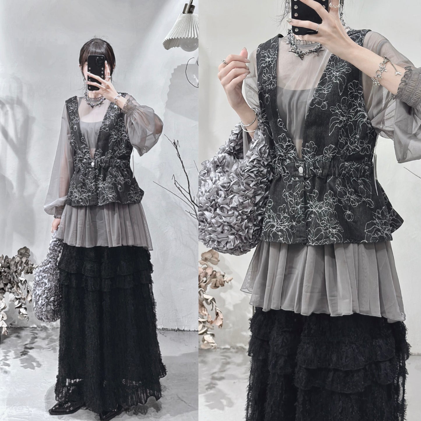 [ 現貨/預訂⋆.𐙚 ̊ ] [ 牛仔布料！] handrawn flower bustier / black