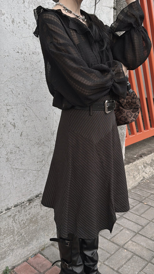 [ 預訂⋆𐙚 ̊. ] [ 店主自留款！必入！]  Striped unbalanced mid skirt / black