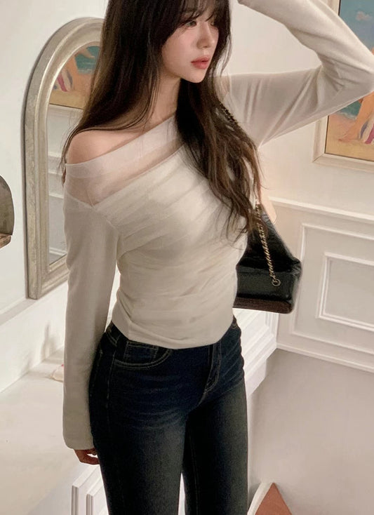 [ dating look get! 🥂] mesh off shoulder top / ivory