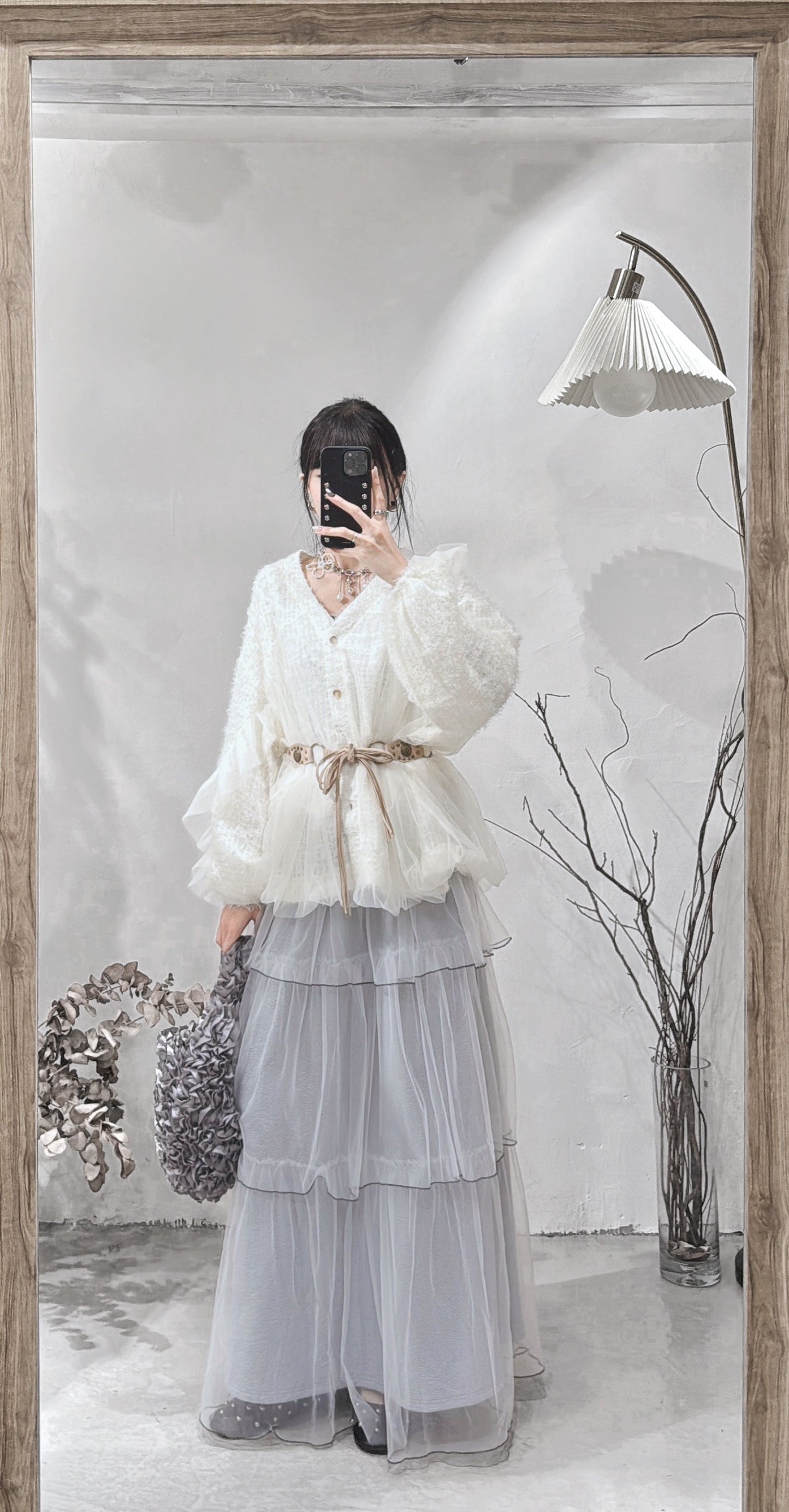 [ 現貨/預訂 ˚.🎀༘⋆] [ 羽毛 x 薄紗拼接！] Feather sheer outer / 2 colors