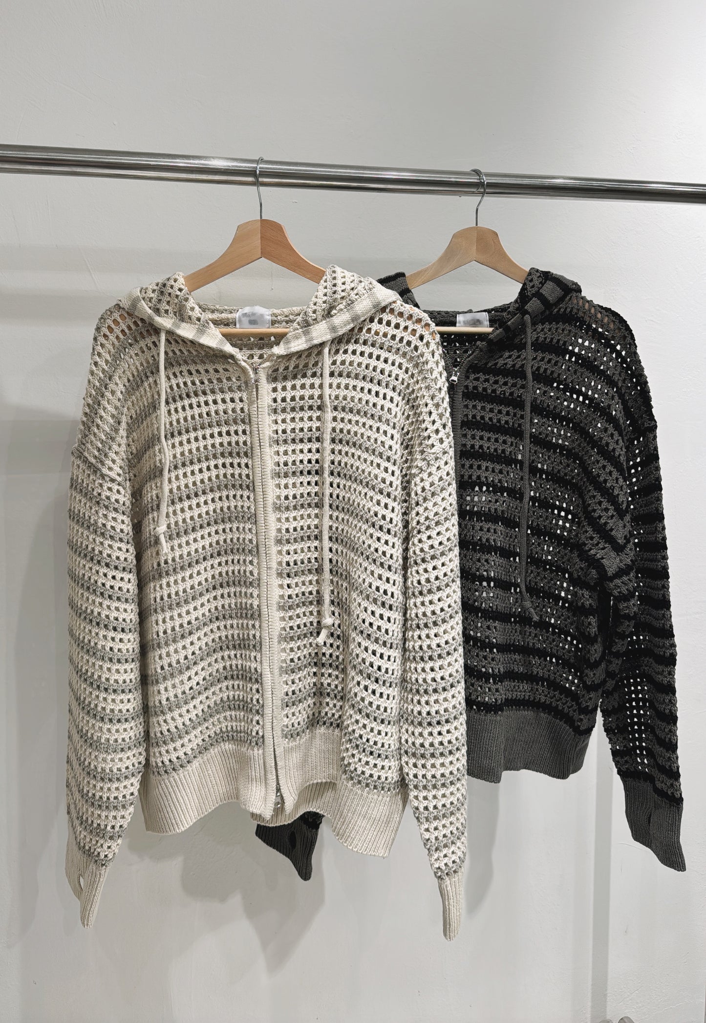 [DDD boys] Stripe Mesh Hoodie Zip-up / ivory