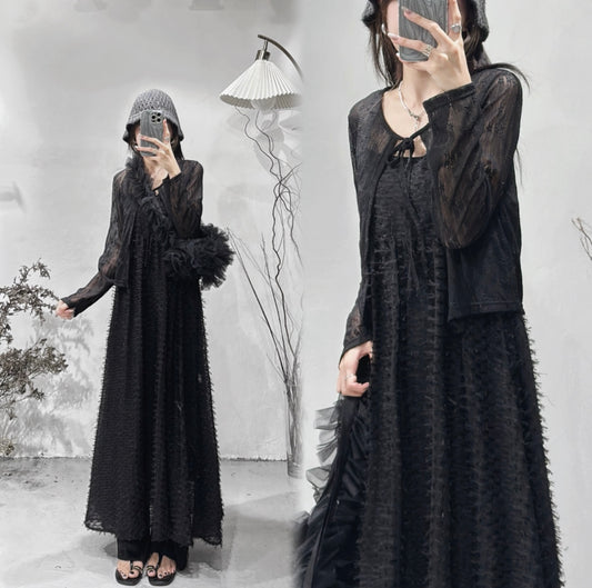 [ 花花暗紋！早秋款！] Floral lace outer/ black