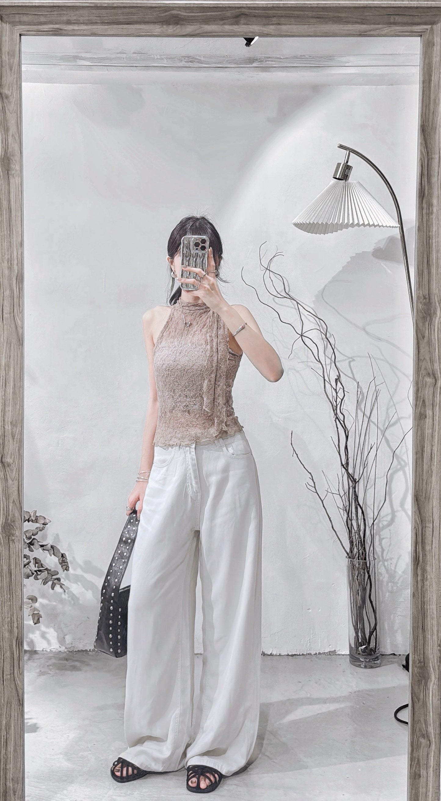 [ 預訂   ₊˚⊹♡ ] lace halter top • mocha