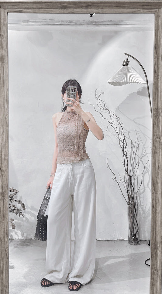 [ 預訂   ₊˚⊹♡ ] lace halter top • mocha