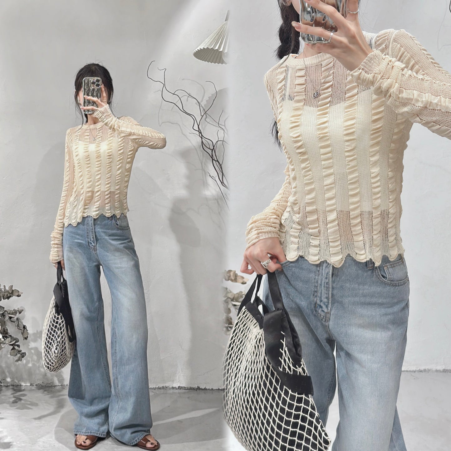 [現貨/預訂] Shirring see through top / beige