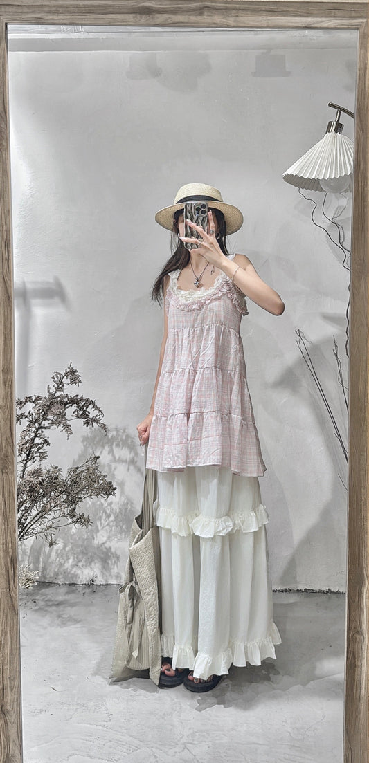 checked ruffle vest/ pink