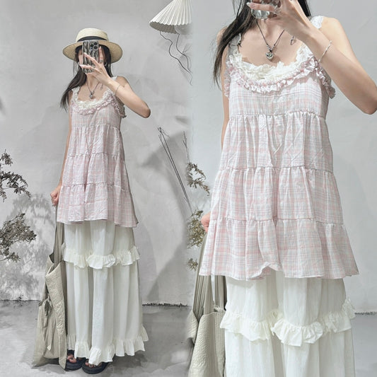 checked ruffle vest/ pink